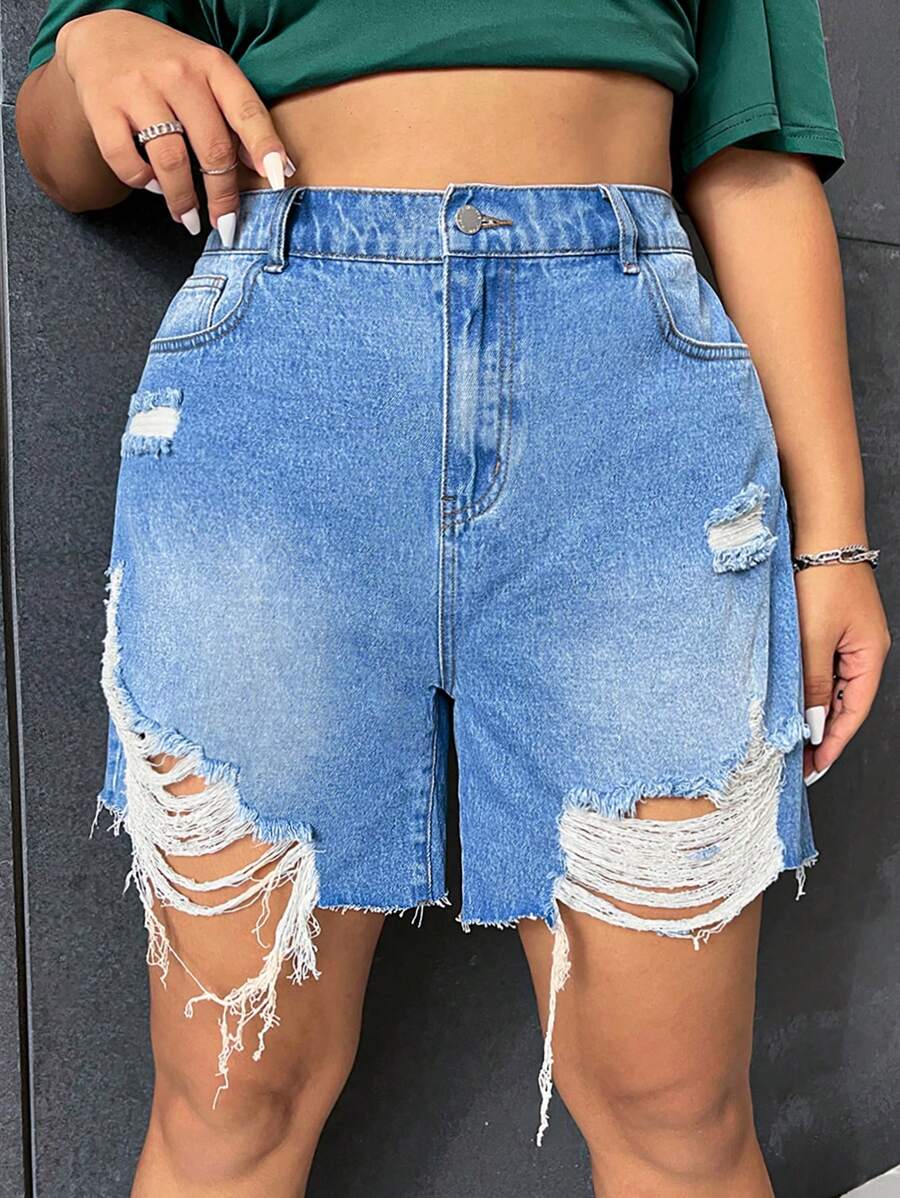 SHEIN EZwear Hơn Quần short denim với các đường viền thô rách - Rửa nhẹ - Xem 1
