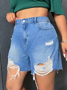 SHEIN EZwear Hơn Quần short denim với các đường viền thô rách - Rửa nhẹ - Xem 5