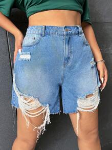 SHEIN EZwear Hơn Quần short denim với các đường viền thô rách - Rửa nhẹ - Xem 6