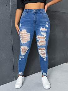 SHEIN EZwear Talla grande Jeans ajustados de talle alto desgarro ribete sin dobladillo - Azul lavado medio - Ver 1