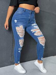 SHEIN EZwear Talla grande Jeans ajustados de talle alto desgarro ribete sin dobladillo - Azul lavado medio - Ver 4