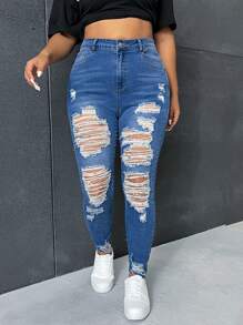 SHEIN EZwear Talla grande Jeans ajustados de talle alto desgarro ribete sin dobladillo - Azul lavado medio - Ver 3