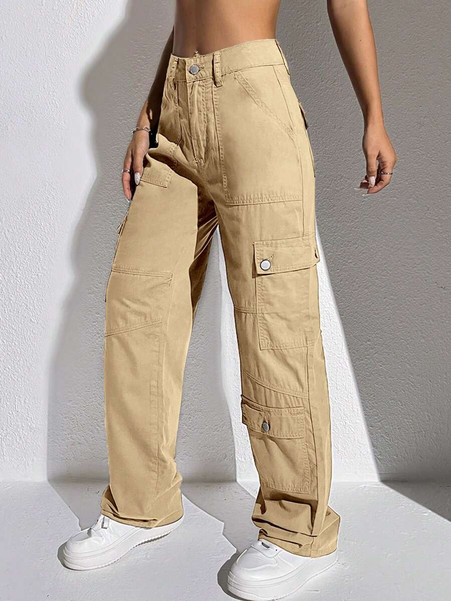 SHEIN EZwear 側翻蓋口袋工裝牛仔褲 - 卡其色 - 查看 1