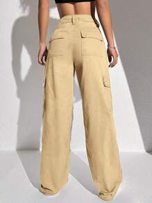 SHEIN EZwear 側翻蓋口袋工裝牛仔褲 - 卡其色 - 查看 2