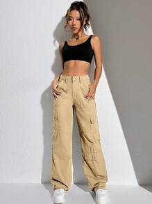 SHEIN EZwear 側翻蓋口袋工裝牛仔褲 - 卡其色 - 查看 3