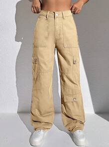 SHEIN EZwear 側翻蓋口袋工裝牛仔褲 - 卡其色 - 查看 4