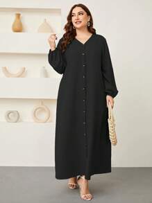Graceveil Plus Lantern Sleeve Button Front Dress Maxi Women Outfit Modest - Black - View 1