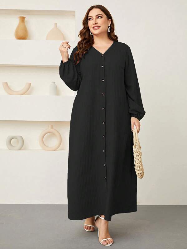 Graceveil Plus Lantern Sleeve Button Front Dress Maxi Women Outfit Modest