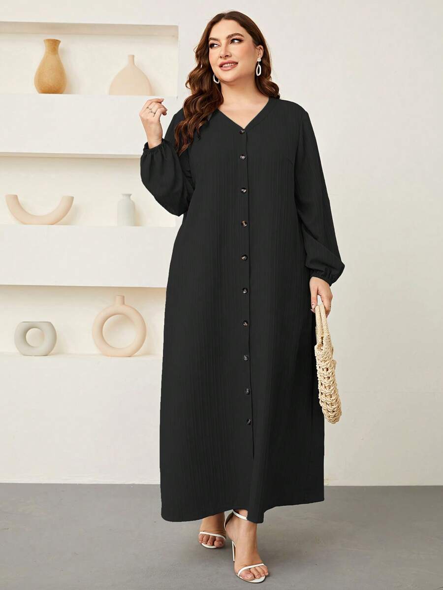 Graceveil Plus Lantern Sleeve Button Front Dress Maxi Women Outfit Modest - Black - View 1