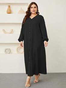 Graceveil Plus Lantern Sleeve Button Front Dress Maxi Women Outfit Modest - Black - View 3