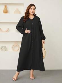 Graceveil Plus Lantern Sleeve Button Front Dress Maxi Women Outfit Modest - Black - View 4