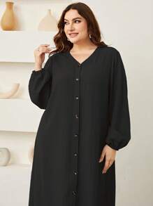 Graceveil Plus Lantern Sleeve Button Front Dress Maxi Women Outfit Modest - Black - View 5