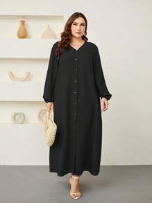 Graceveil Plus Lantern Sleeve Button Front Dress Maxi Women Outfit Modest - Black - View 6