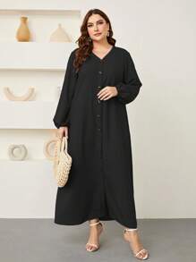 Graceveil Plus Lantern Sleeve Button Front Dress Maxi Women Outfit Modest - Black - View 7