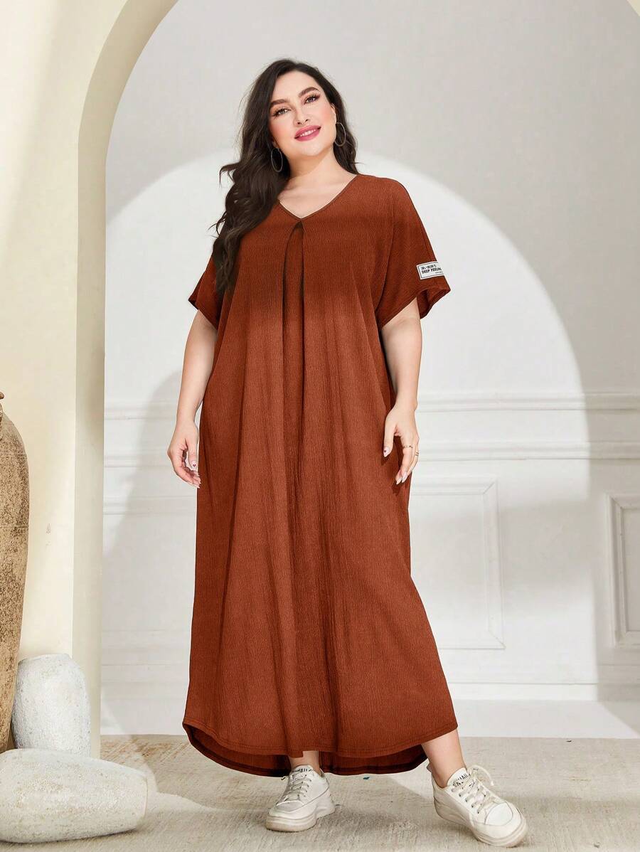 Lacomfia 大碼字母貼布蝙蝠袖洋裝 - 亮橙色 - 查看 1