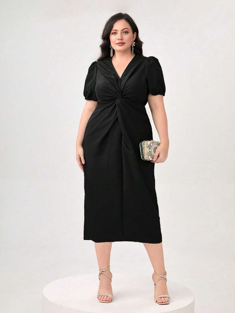 Modelyn 大碼前扭結泡泡袖洋裝