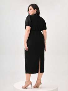 Modelyn 大碼前扭結泡泡袖洋裝