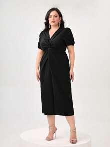 Modelyn 大碼前扭結泡泡袖洋裝