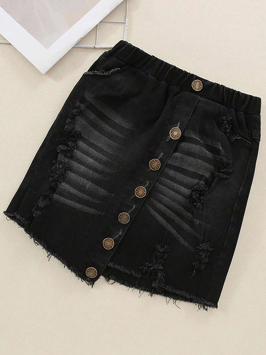 女小童破洞毛邊前紐扣牛仔半身裙 - 黑色 - 查看 1