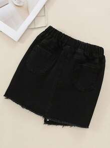 女小童破洞毛邊前紐扣牛仔半身裙 - 黑色 - 查看 2