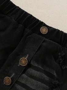 女小童破洞毛邊前紐扣牛仔半身裙 - 黑色 - 查看 3