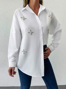 EURMUSE Pearls Beaded Drop Shoulder Shirt - White - View 1
