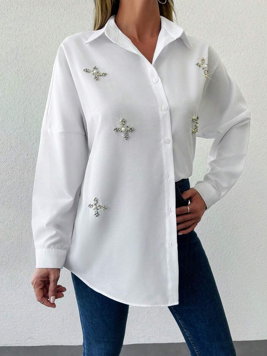 EURMUSE Pearls Beaded Drop Shoulder Shirt - White - View 1