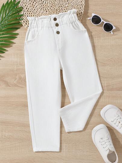 SHEIN Vintaside Kids Young Girl Casual Boho Holiday Paperback Waist Flat Pockets Mom Jeans With Button Front , Girls Daily OOTD Outfits Summer Holiday