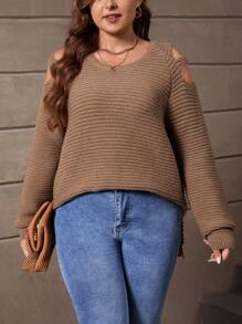 SHEIN LUNE 大碼挖肩套頭毛衣 - 紫紅色 - 查看 3