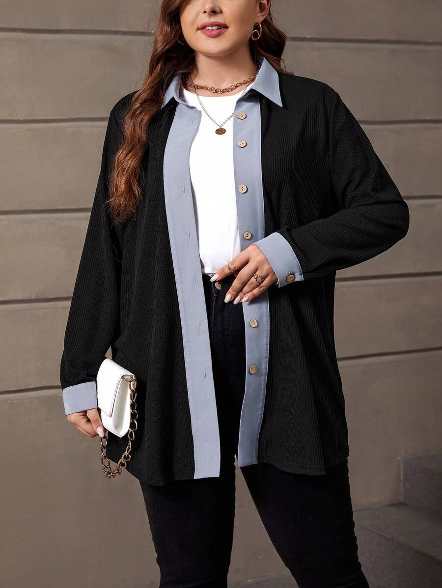 SHEIN LUNE Plus Contrast Trim Button Front Coat - Multicolor - View 1