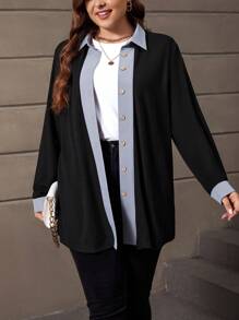 SHEIN LUNE Plus Contrast Trim Button Front Coat - Multicolor - View 3