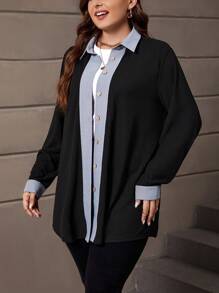 SHEIN LUNE Plus Contrast Trim Button Front Coat - Multicolor - View 5