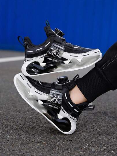 Boys' Pu Leather Surface Basketball Sneakers With Rotatable Buckle And White Sole, Autumn & Winter