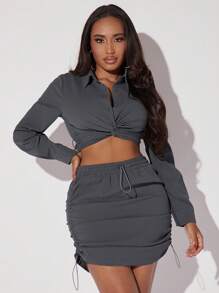 SHEIN SXY 前紐扣扭結短款上衣&側抽繩半身裙 - 深灰色 - 查看 4