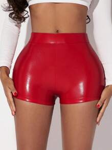 SHEIN SXY 素色PU皮革短褲 - 紅色 - 查看 4