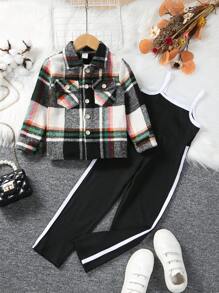 SHEIN Young Girl Plaid Print Flap Pocket Shirt & Contrast Side Seam Cami Jumpsuit