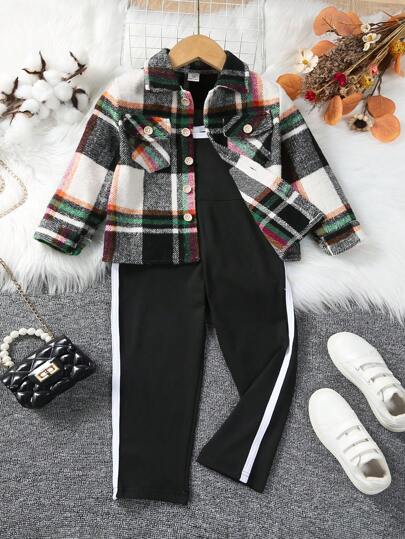 SHEIN Young Girl Plaid Print Flap Pocket Shirt & Contrast Side Seam Cami Jumpsuit
