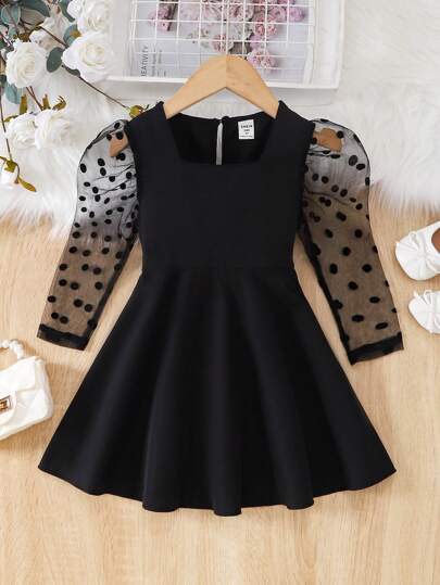 SHEIN Young Girl Contrast Dobby Mesh Puff Sleeve Square Neck Dress