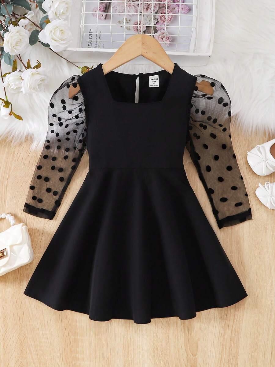 SHEIN Young Girl Contrast Dobby Mesh Puff Sleeve Square Neck Dress - Black - View 1