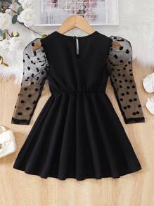 SHEIN Young Girl Contrast Dobby Mesh Puff Sleeve Square Neck Dress - Black - View 2