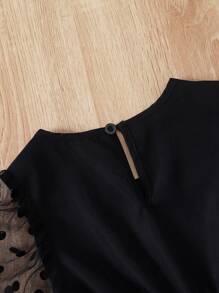 SHEIN Young Girl Contrast Dobby Mesh Puff Sleeve Square Neck Dress - Black - View 8