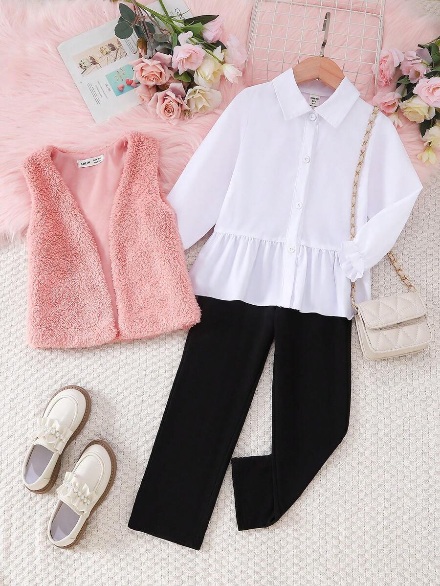 SHEIN Young Girl Solid Flare Hem Shirt & Pants & Vest Coat - Multicolor - View 1