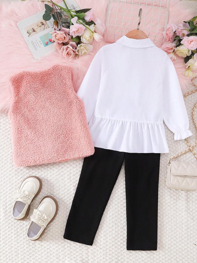 Young Girl Solid Flare Hem Shirt & Pants & Vest Coat