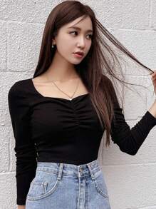 DAZY 甜心领褶饰 T 恤，秋季服装，返校服装长袖女式上衣 - 黑色 - 查看 1