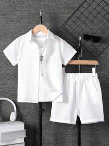SHEIN Tween Boy Solid Pocket Patched Button Up Shirt With Shorts Without Tee - White - View 3