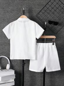 SHEIN Tween Boy Solid Pocket Patched Button Up Shirt With Shorts Without Tee - White - View 2