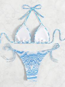 Swim Vcay Fluid Bikini Set Smocked Halter Triangle Bra Top & Tie Side Bikini Bottom 2 Pieces Bikini Summer Beach - Blue and White - View 3