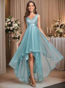 亮片拼接高低下擺網紗伴娘連衣裙 - 淺藍色 - 查看 1