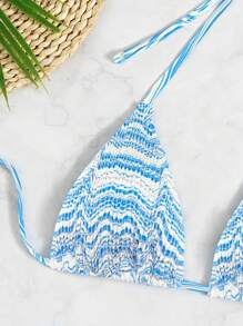 Swim Vcay Fluid Bikini Set Smocked Halter Triangle Bra Top & Tie Side Bikini Bottom 2 Pieces Bikini Summer Beach - Blue and White - View 4