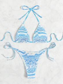 Swim Vcay Fluid Bikini Set Smocked Halter Triangle Bra Top & Tie Side Bikini Bottom 2 Pieces Bikini Summer Beach - Blue and White - View 6